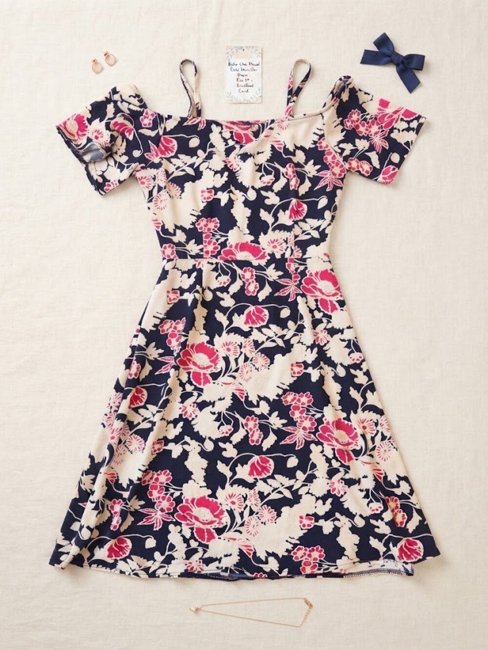 Hey Floral Cold Shoulder Skater Dress Size XS Navy Blue Pink Fit & Flare
